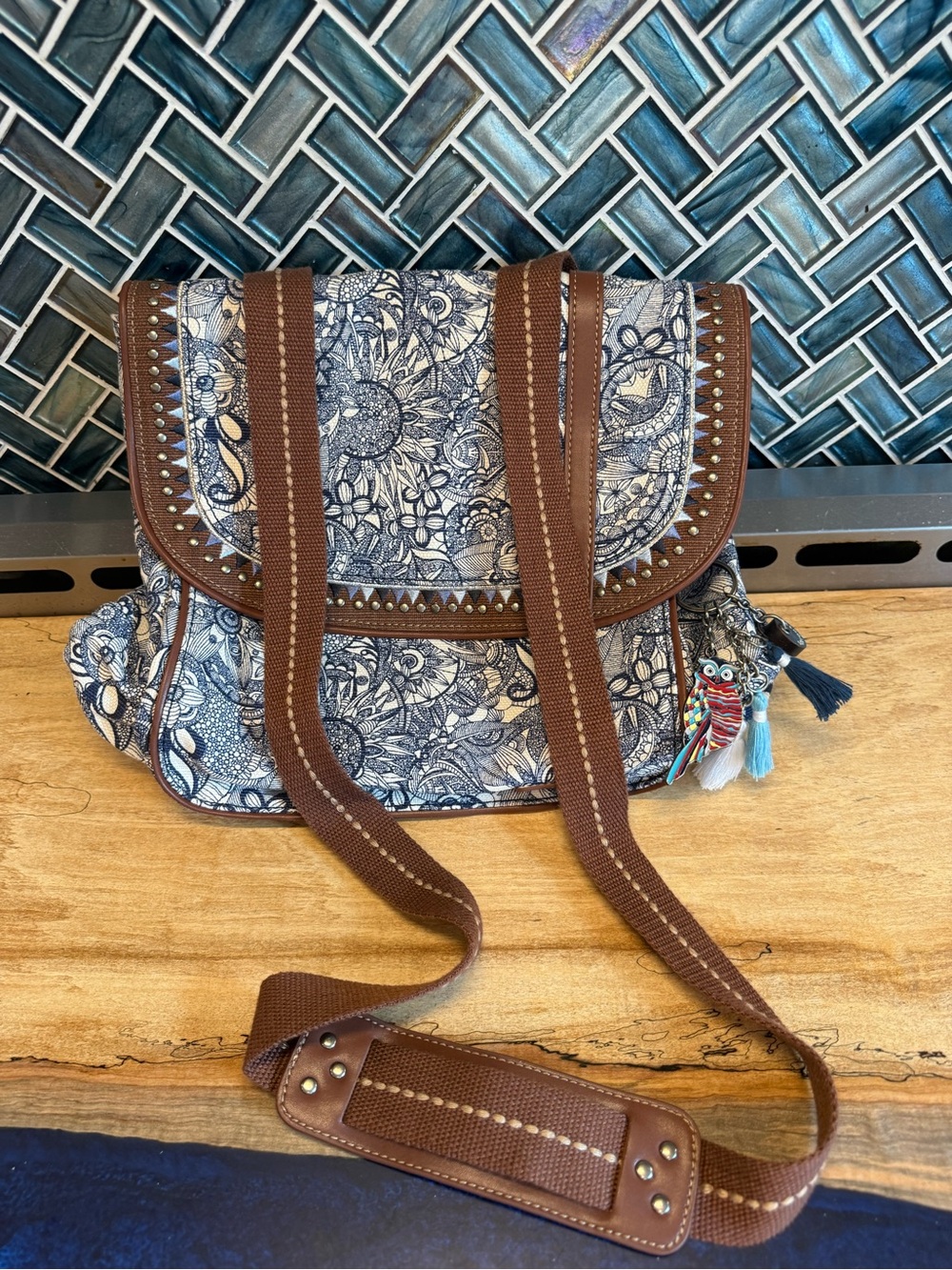 Sakroots Blue Floral Convertible Crossbody/Backpack/Shoulder bag w/Tassel
